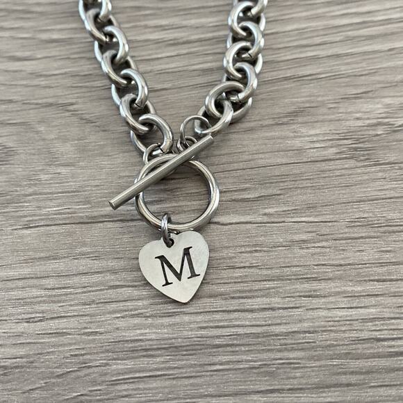 M Letter Charm Heart Silver Tone Choker Necklace Toggle Clasp Initial Jewelry - Picture 2 of 4